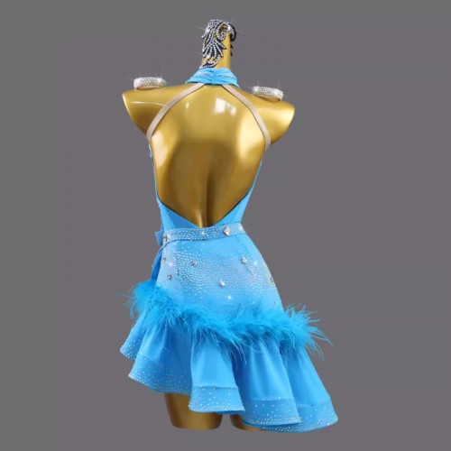 Custom size competition turquoise feather latin dance dresses for kids girls juvenile halter neck stage performance salsa dancing skirts